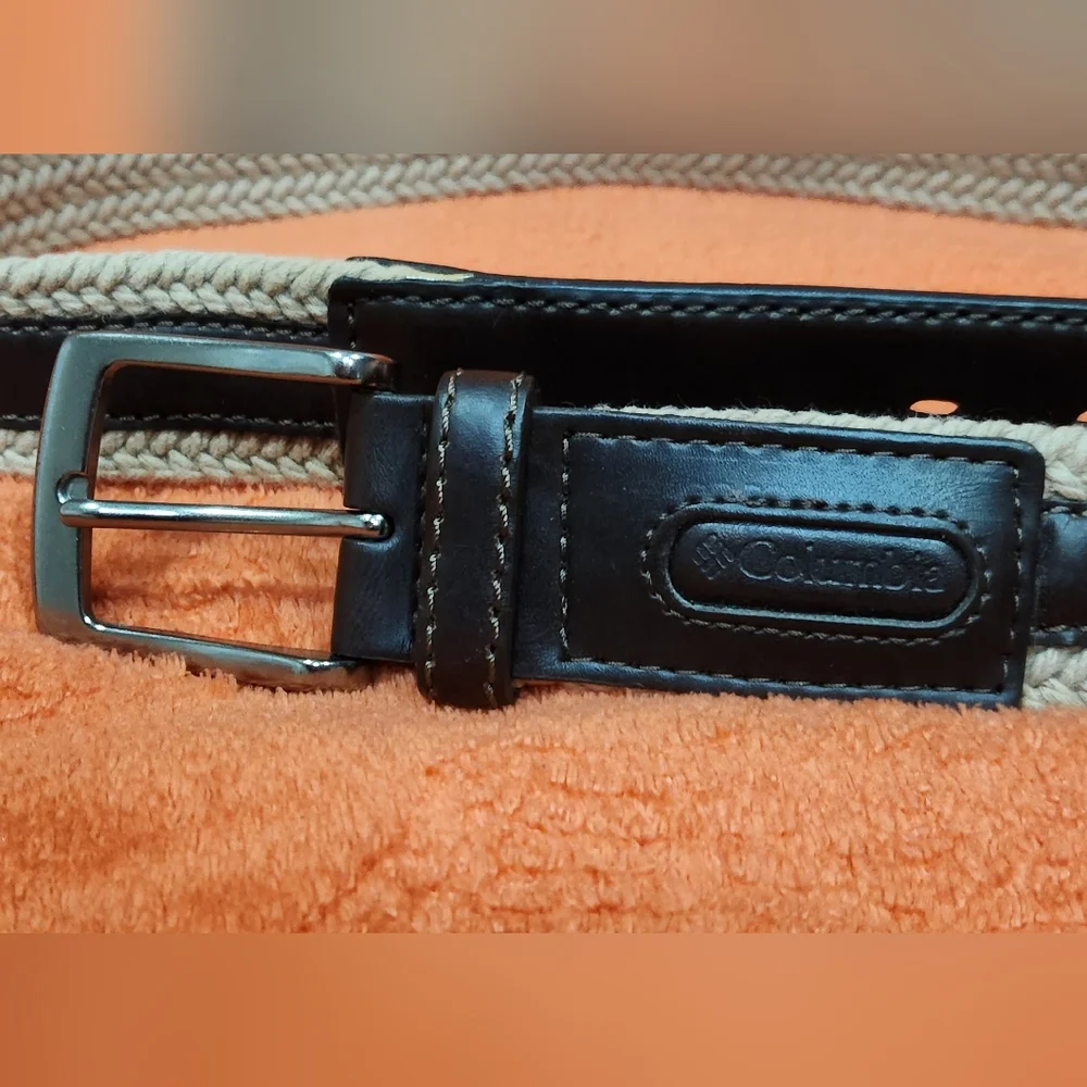 Columbia men's beige woven belt with dark brown leather trim size 34
